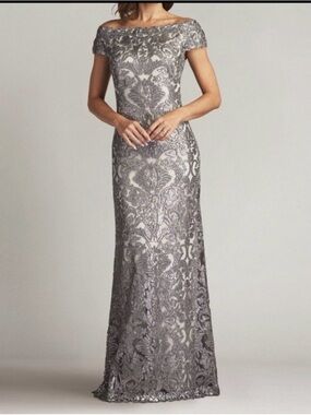 Tadashi Shoji Silver Lace Off-Shoulder Maxi Gown